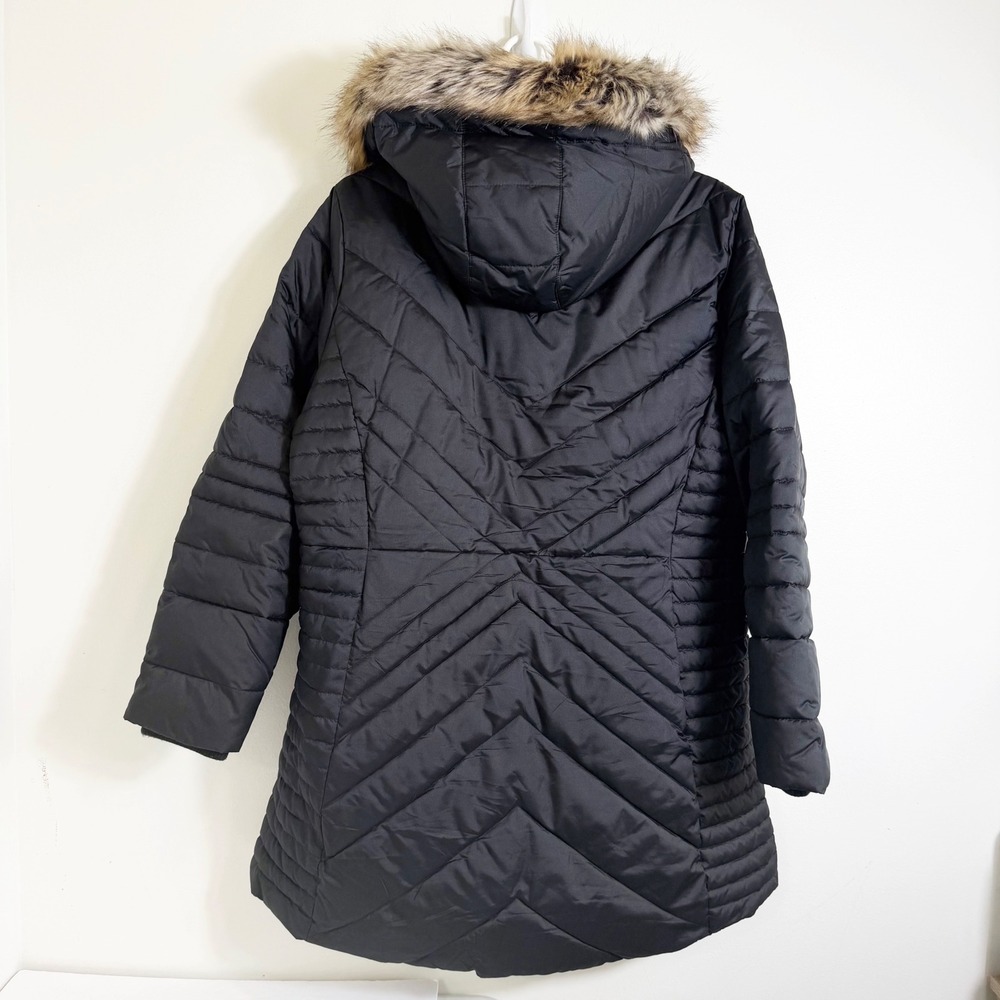 Lands End Puffer Parka Women XL 18 Petite Black Fur Hood Quilted Insulated Coat - Picture 2 of 4